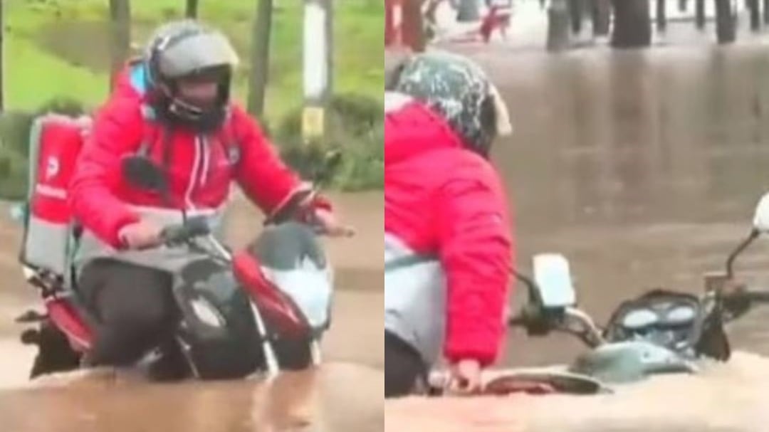 Repartidor cruza en moto inundación / Contigo en la mañana, Chilevisión
