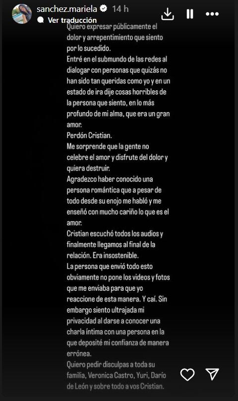Comunicado completo de Mariela Sánchez, tras su ruptura sentimental con Cristian Castro.